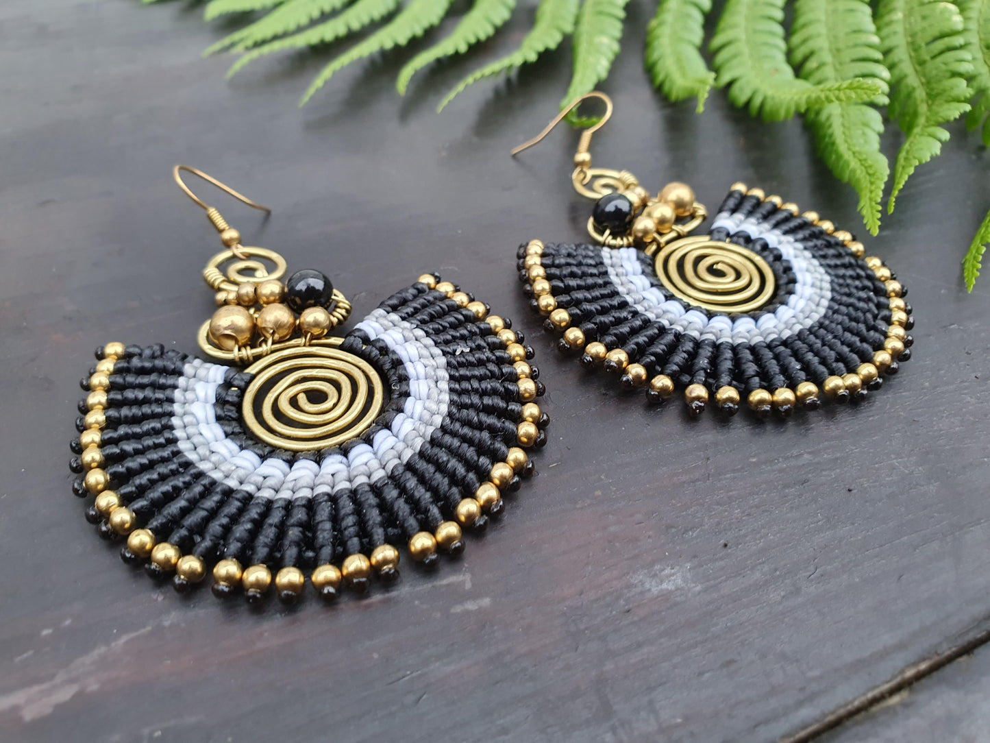 Black agate crystal & black macrame earrings, full moon spiral circle gemstone for love, boho tribal Thai Aztec Egyptian African statement