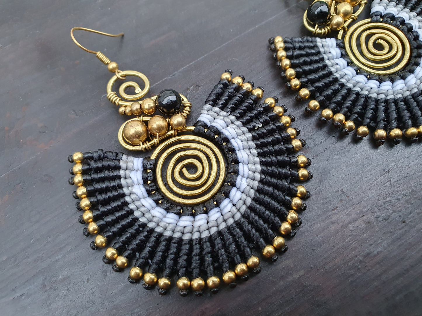 Black agate crystal & black macrame earrings, full moon spiral circle gemstone for love, boho tribal Thai Aztec Egyptian African statement