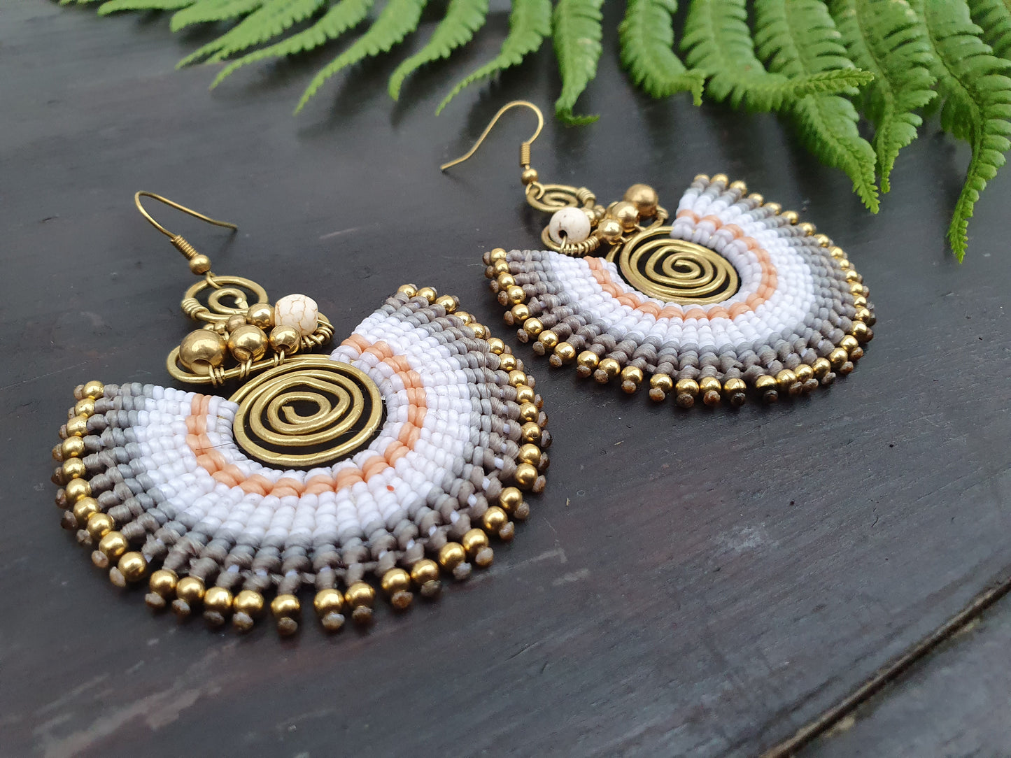 White howlite crystal & white macrame earrings, full moon spiral circle gemstone for calm, boho tribal Thai Aztec Egyptian African statement