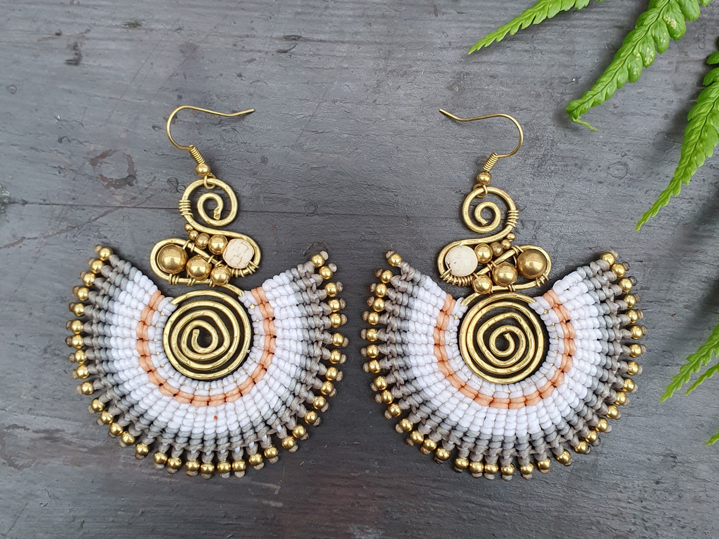 White howlite crystal & white macrame earrings, full moon spiral circle gemstone for calm, boho tribal Thai Aztec Egyptian African statement