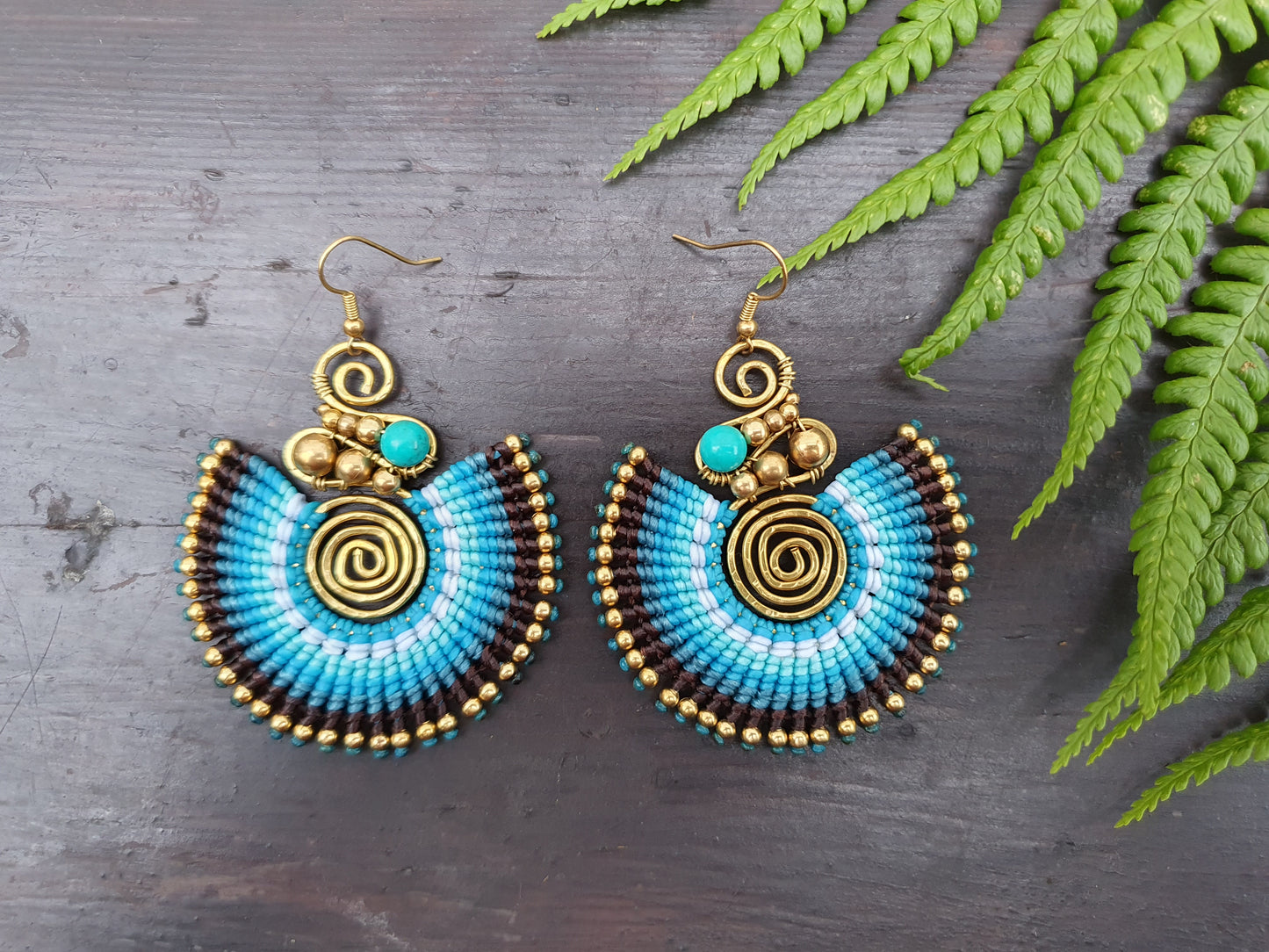 Turquoise crystal & blue macrame earrings, full moon spiral circle gemstone for love, boho tribal Thai Aztec Egyptian African statement