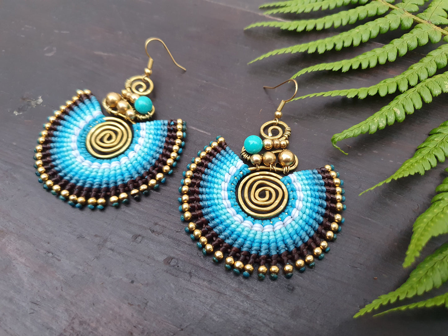 Turquoise crystal & blue macrame earrings, full moon spiral circle gemstone for love, boho tribal Thai Aztec Egyptian African statement