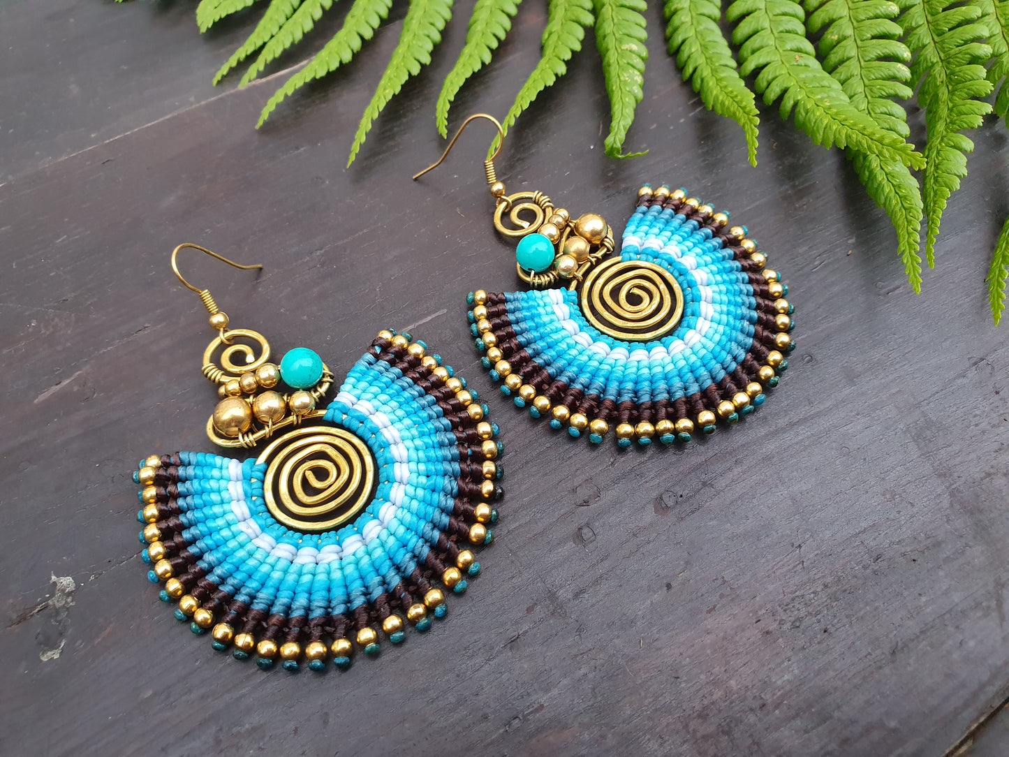 Turquoise crystal & blue macrame earrings, full moon spiral circle gemstone for love, boho tribal Thai Aztec Egyptian African statement