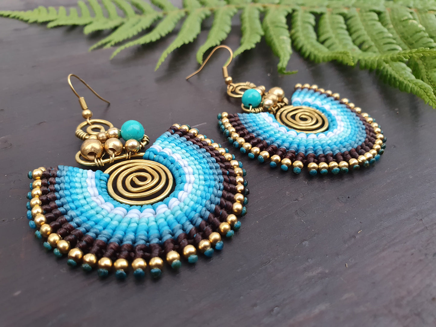 Turquoise crystal & blue macrame earrings, full moon spiral circle gemstone for love, boho tribal Thai Aztec Egyptian African statement