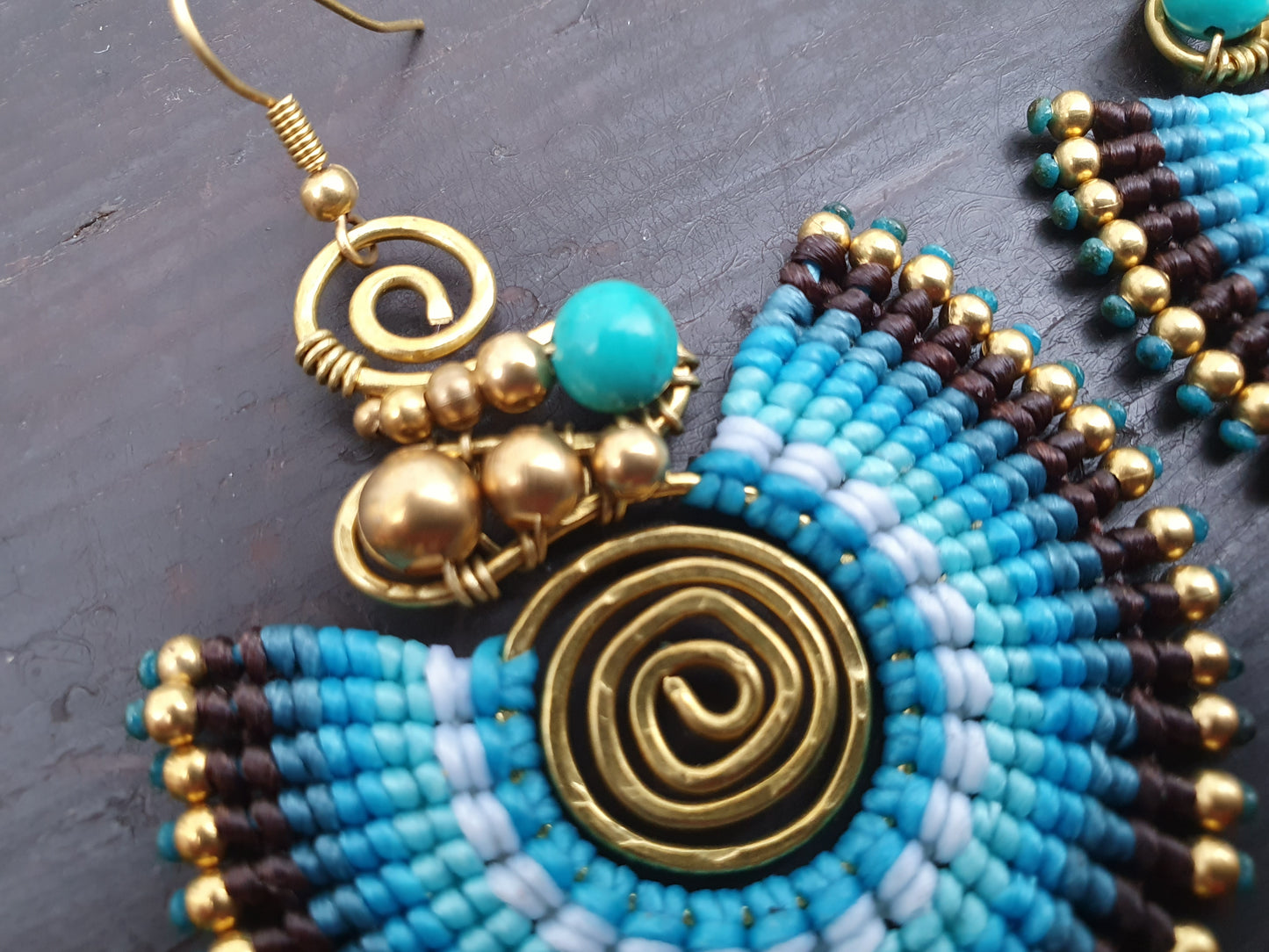 Turquoise crystal & blue macrame earrings, full moon spiral circle gemstone for love, boho tribal Thai Aztec Egyptian African statement