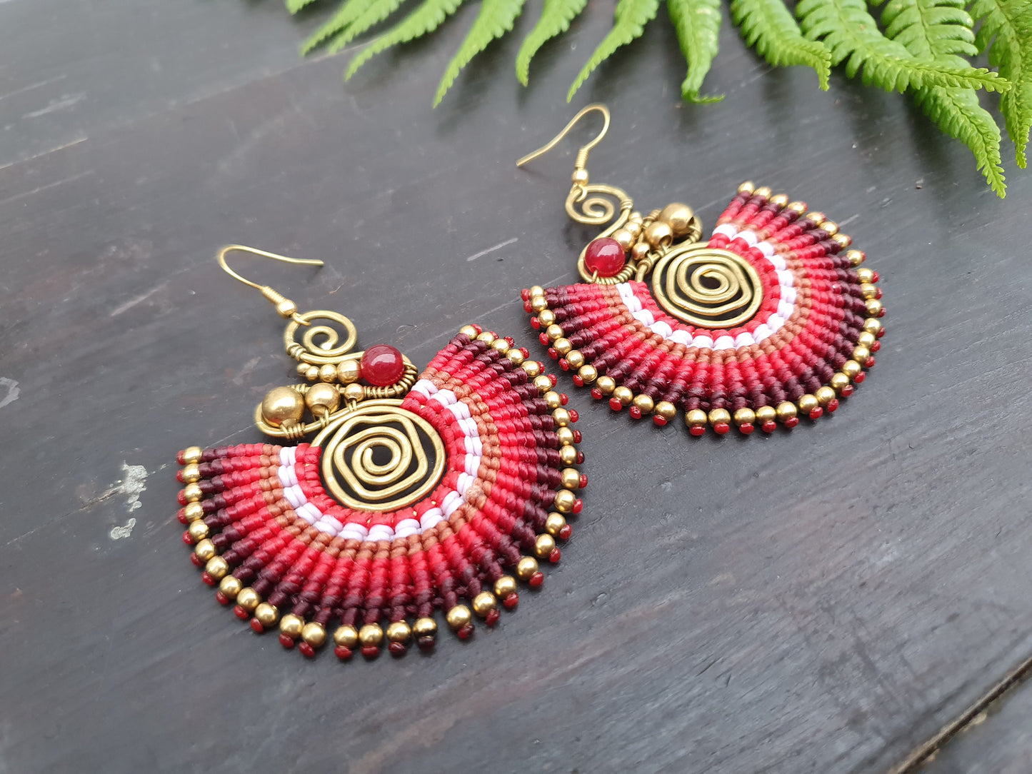 Rubellite crystal & red macrame earrings, full moon spiral circle gemstone for love, boho tribal Thai Aztec Egyptian African statement