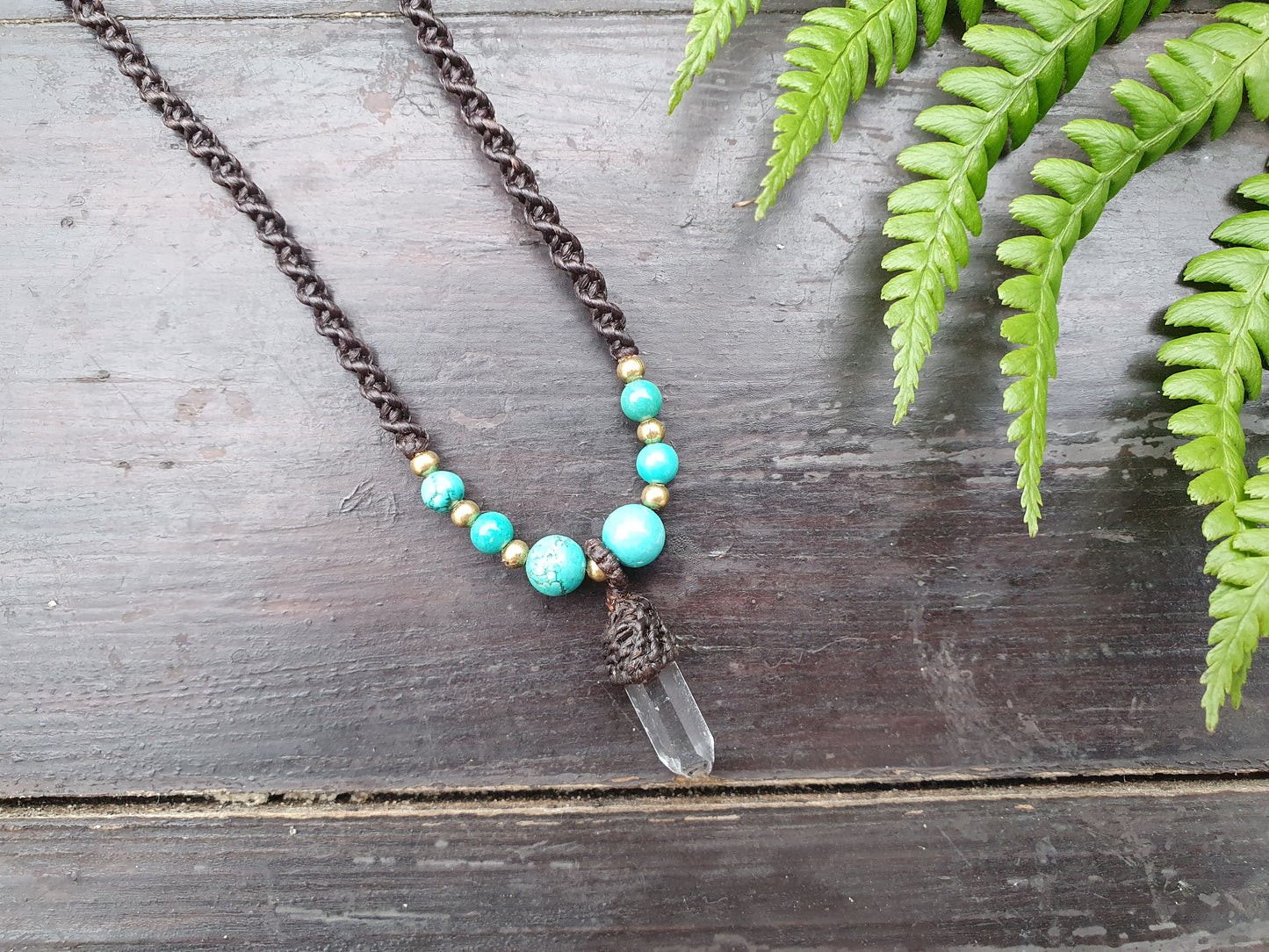 Clear quartz tower turquoise necklace, macrame crystal necklace, boho tribal buddhist amulet, necklace for men, amplification necklace