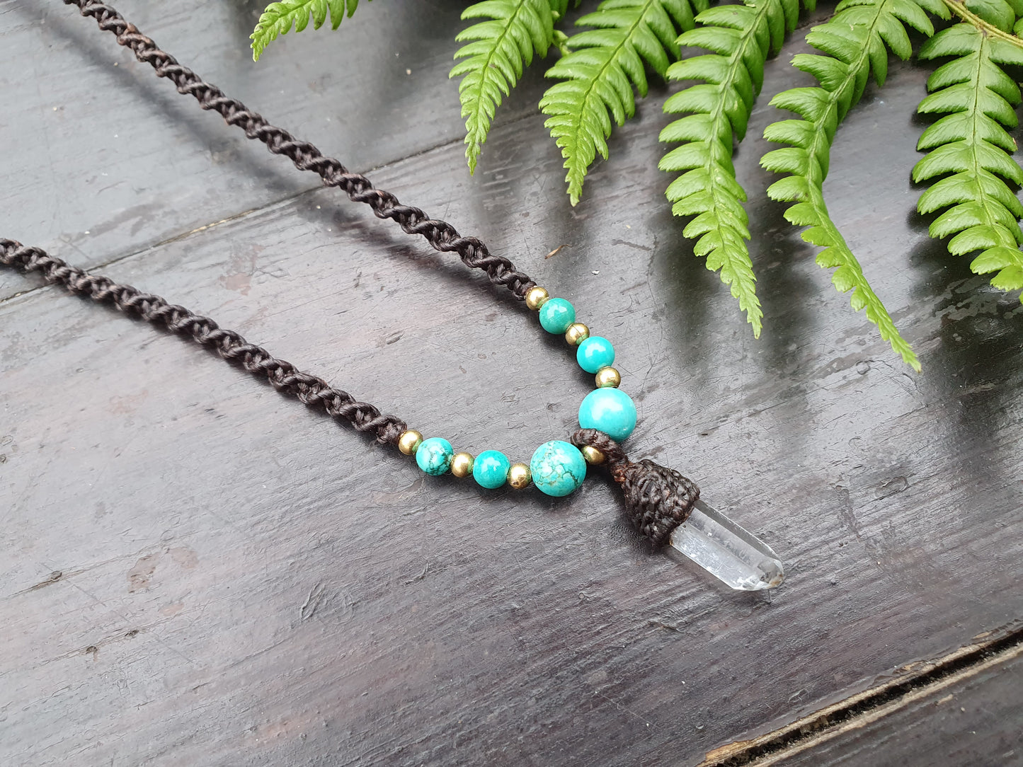 Clear quartz tower turquoise necklace, macrame crystal necklace, boho tribal buddhist amulet, necklace for men, amplification necklace