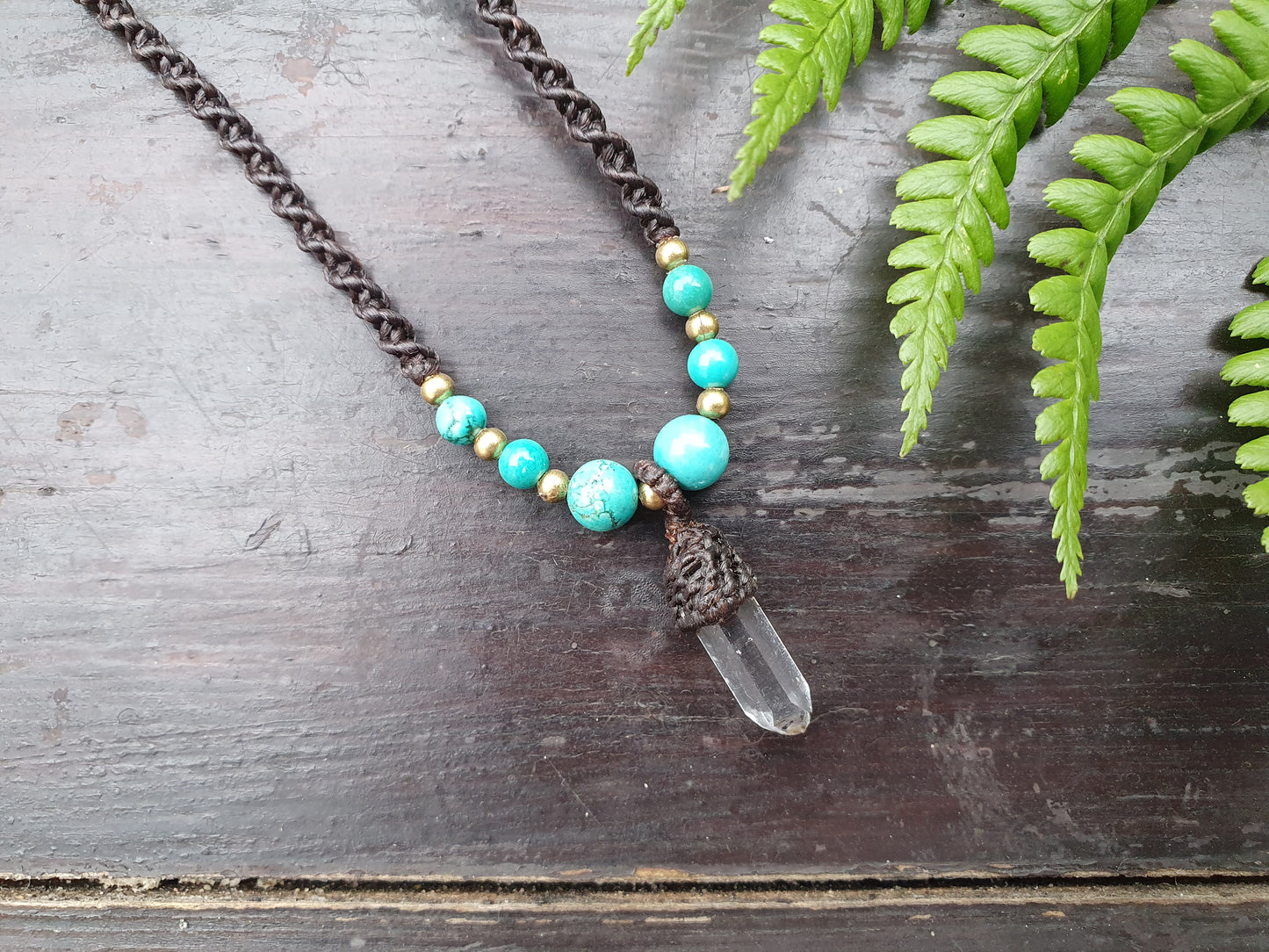 Clear quartz tower turquoise necklace, macrame crystal necklace, boho tribal buddhist amulet, necklace for men, amplification necklace