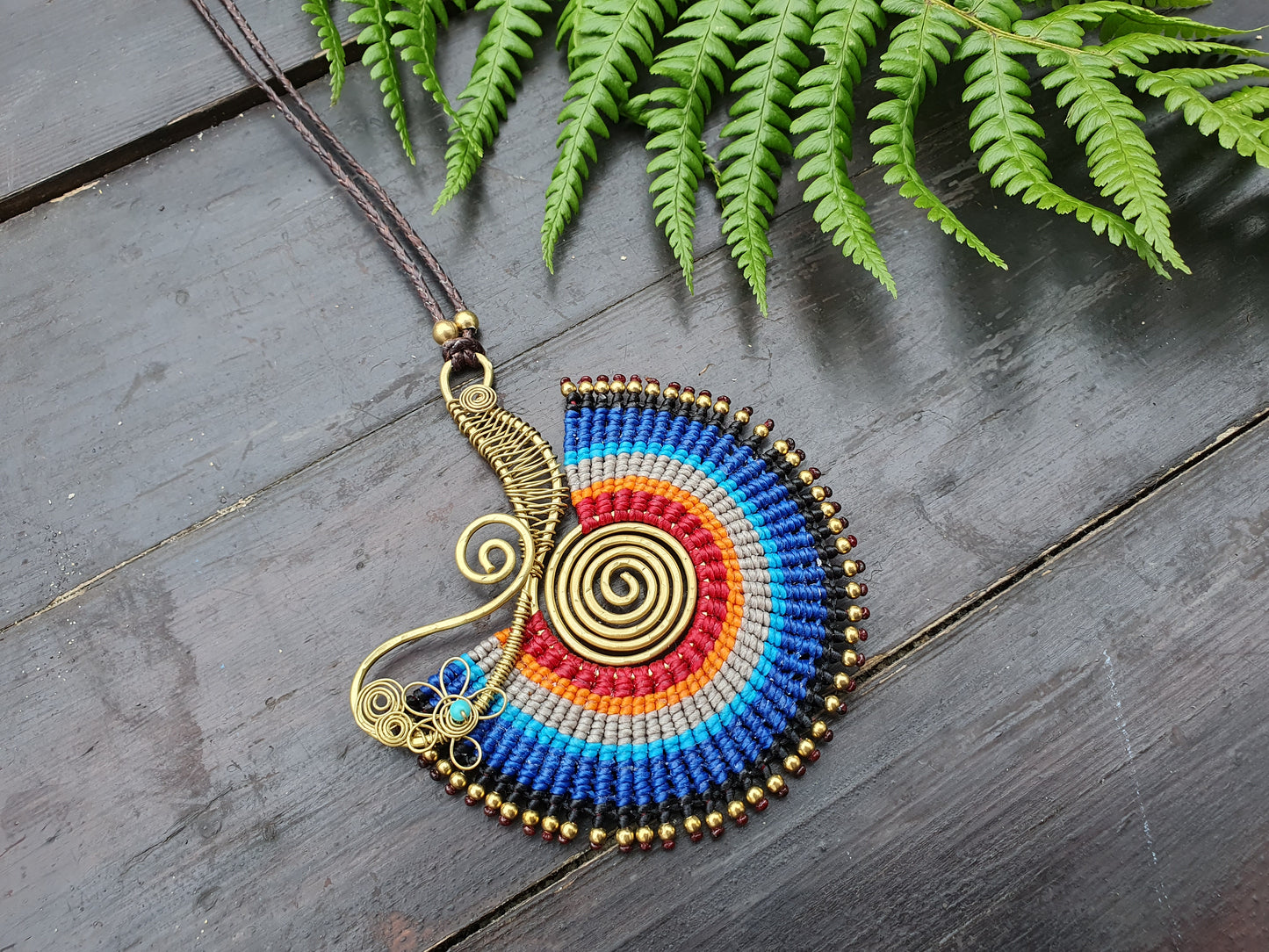 Blue spiral macrame necklace, statement tribal Thai turquoise crystal necklace, adjustable bold ethnic African Egyptian necklace