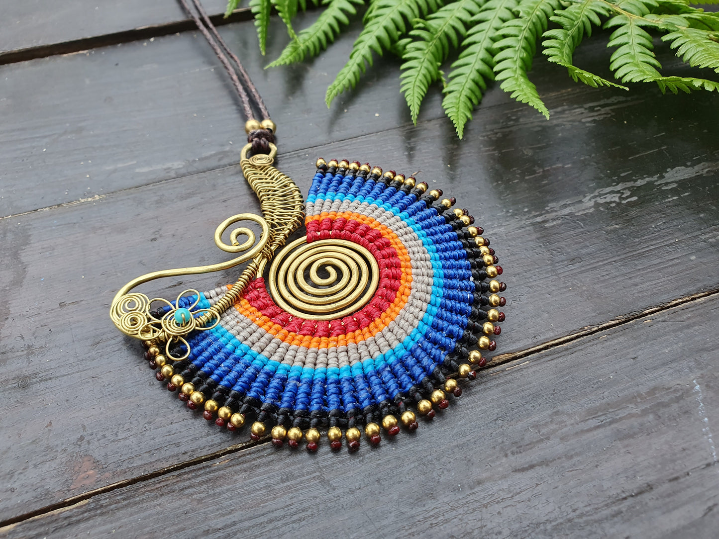 Blue spiral macrame necklace, statement tribal Thai turquoise crystal necklace, adjustable bold ethnic African Egyptian necklace