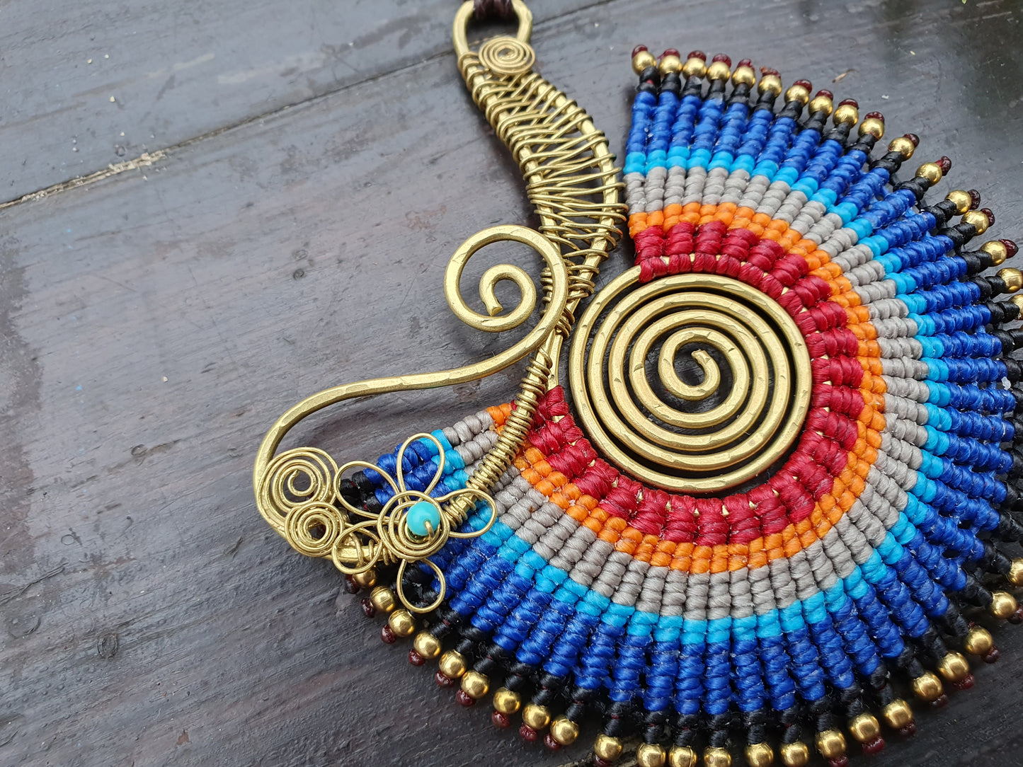 Blue spiral macrame necklace, statement tribal Thai turquoise crystal necklace, adjustable bold ethnic African Egyptian necklace