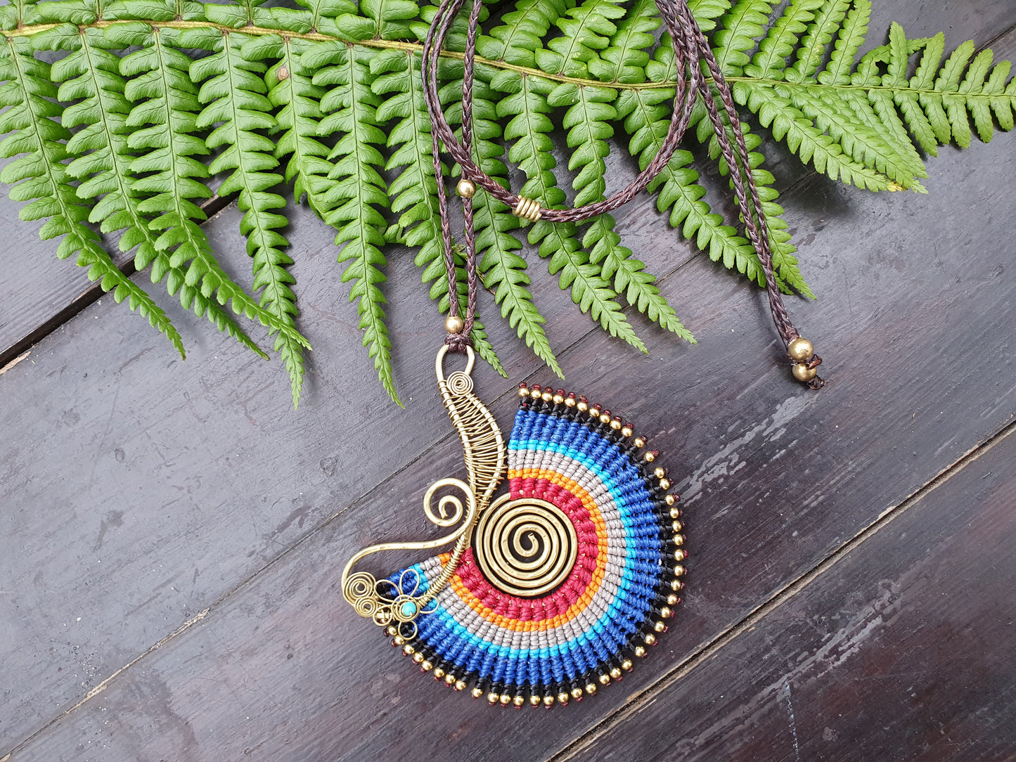 Blue spiral macrame necklace, statement tribal Thai turquoise crystal necklace, adjustable bold ethnic African Egyptian necklace