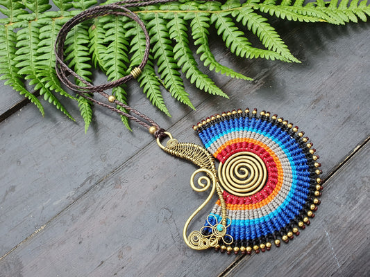 Blue spiral macrame necklace, statement tribal Thai turquoise crystal necklace, adjustable bold ethnic African Egyptian necklace