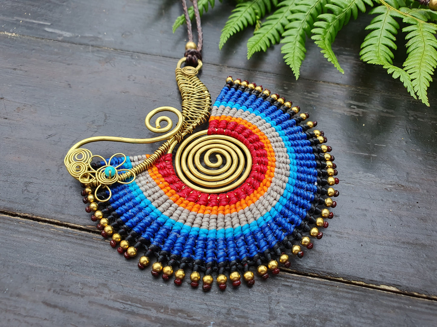 Blue spiral macrame necklace, statement tribal Thai turquoise crystal necklace, adjustable bold ethnic African Egyptian necklace