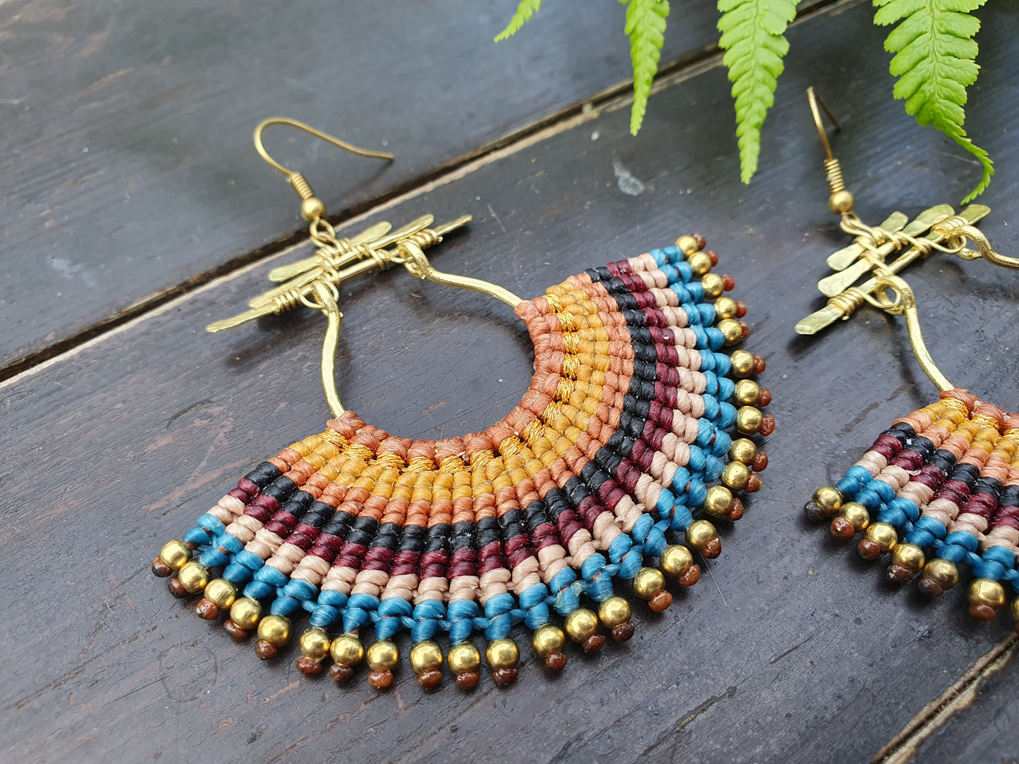 EARTHEN LOVE Thai Asian macrame earrings, hammered brass wire earrings, bohochic brown red blue green wearable art, micromacrame earrings