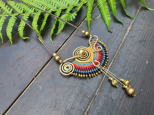 Bold macrame colourful rainbow boho pendant, gift for woman wife sister wire spiral gold wire wrap pendant, funky hippie Thai micromacrame