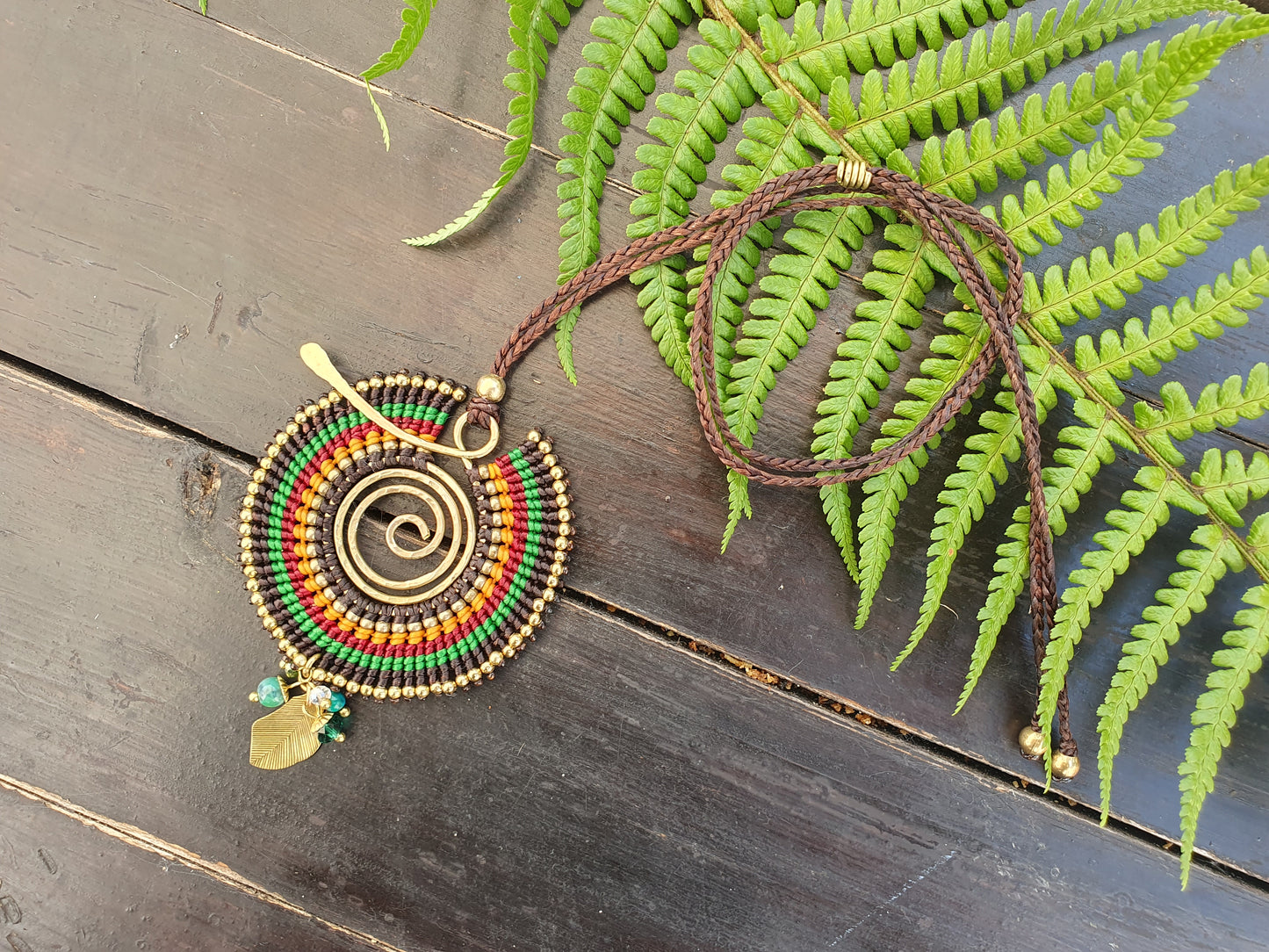 Green circle leaf macrame spiral necklace, Earth botanic love of nature crystal necklace, Thai African Tribal Aztec adjustable necklace