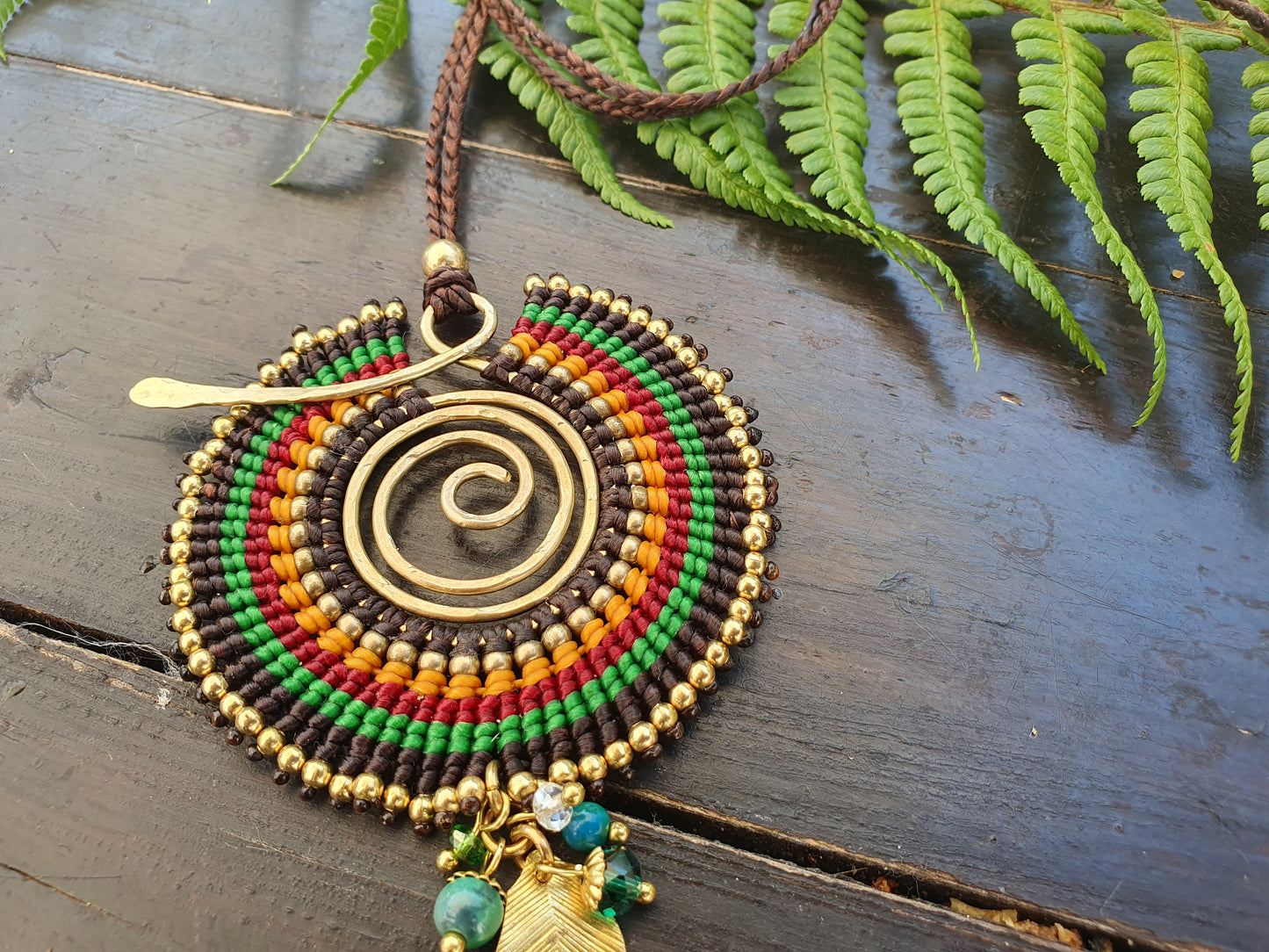 Green circle leaf macrame spiral necklace, Earth botanic love of nature crystal necklace, Thai African Tribal Aztec adjustable necklace