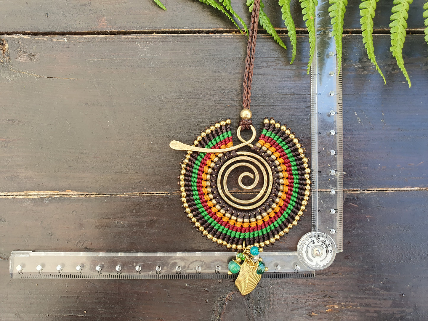 Green circle leaf macrame spiral necklace, Earth botanic love of nature crystal necklace, Thai African Tribal Aztec adjustable necklace