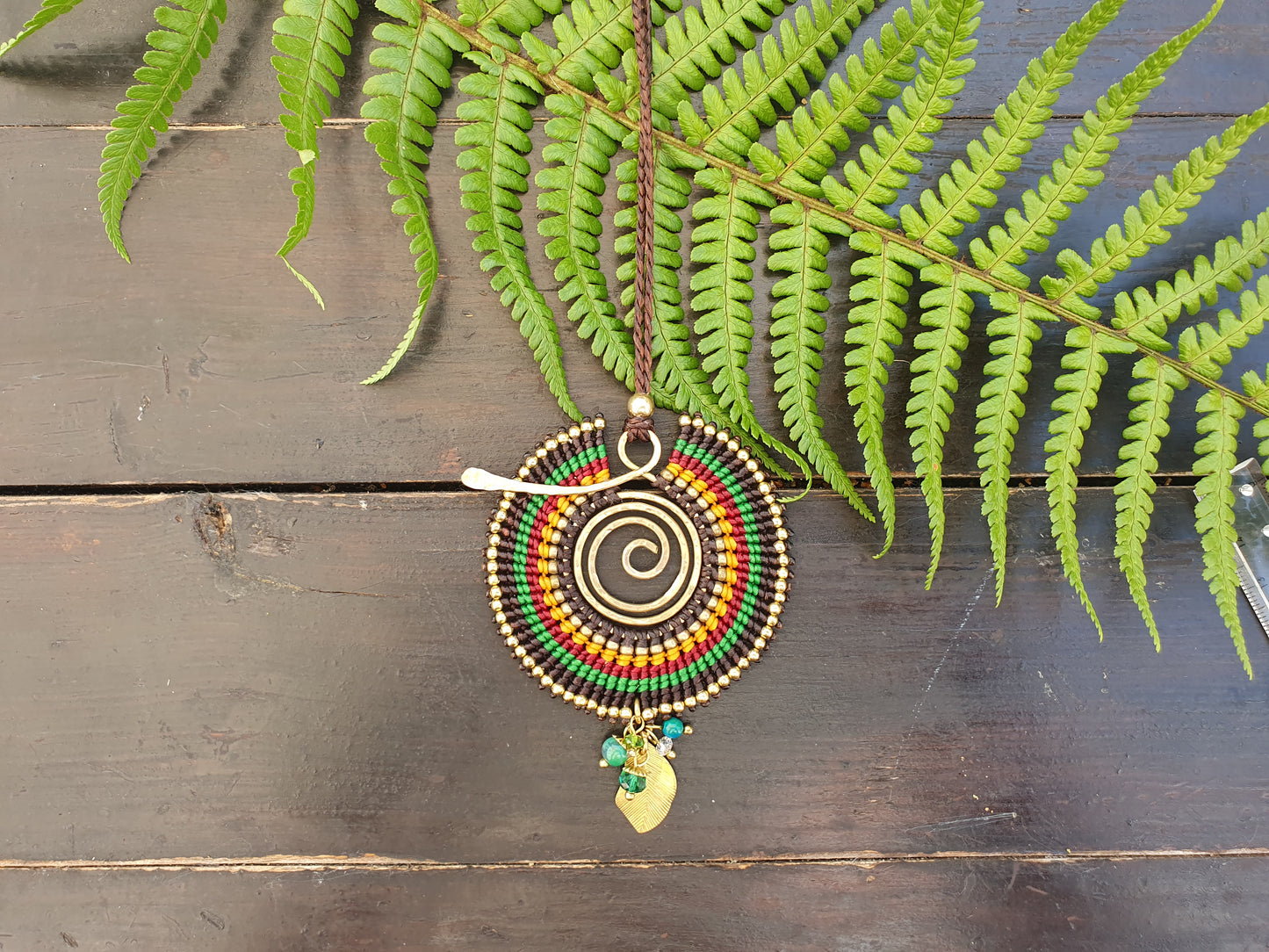 Green circle leaf macrame spiral necklace, Earth botanic love of nature crystal necklace, Thai African Tribal Aztec adjustable necklace