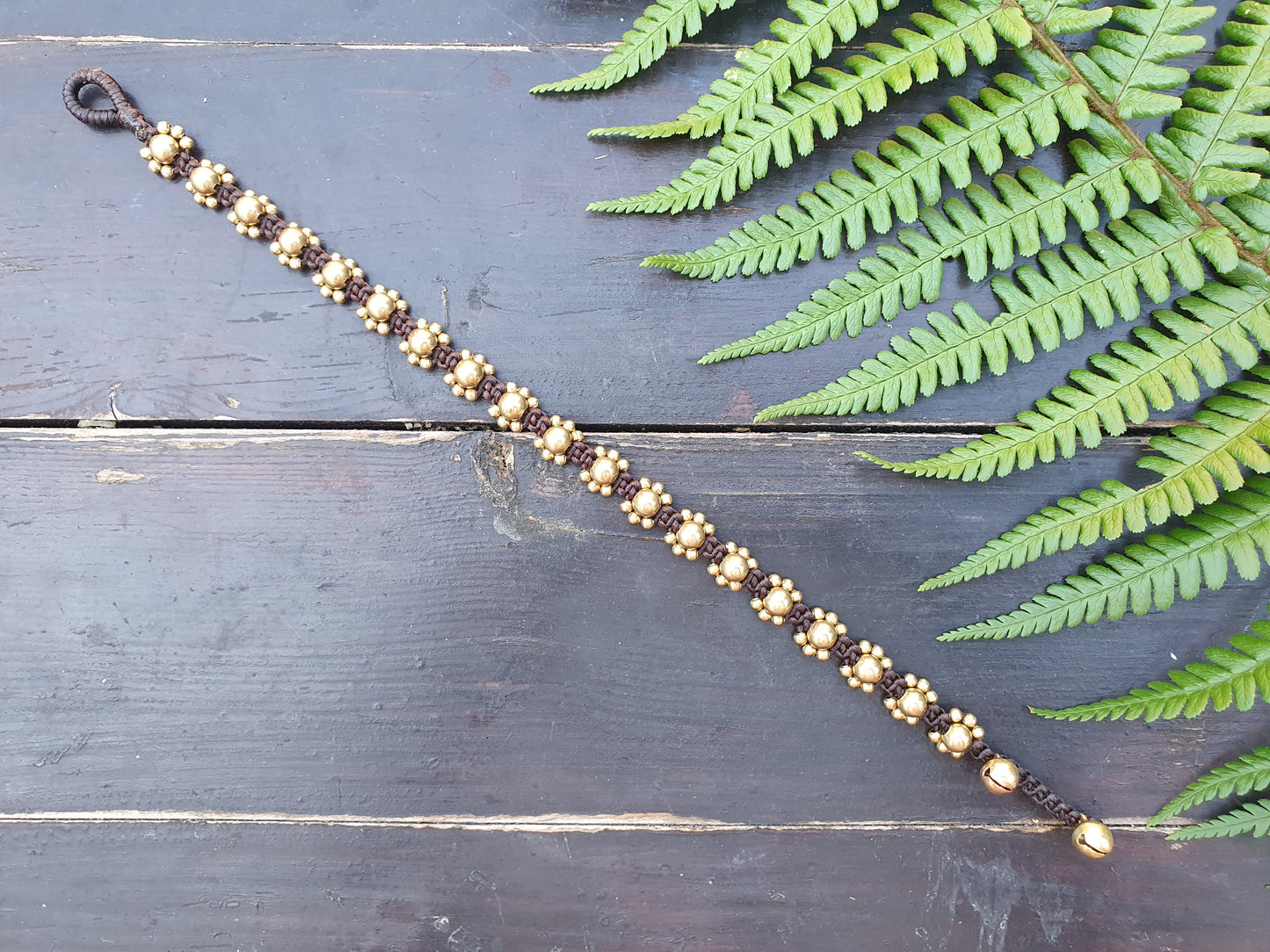 Gold brass bead daisy flower power anklet, brown macrame boho beach birthday gift, cord anniversary tribal queen wanderlust 70s vibe