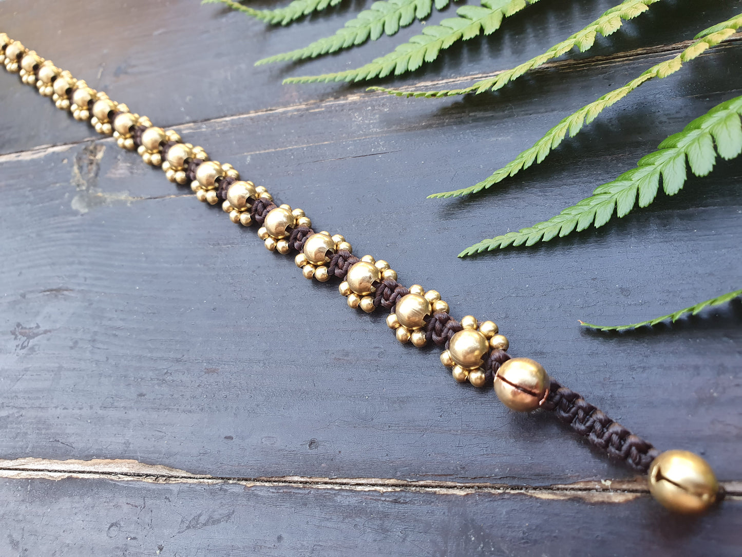 Gold brass bead daisy flower power anklet, brown macrame boho beach birthday gift, cord anniversary tribal queen wanderlust 70s vibe