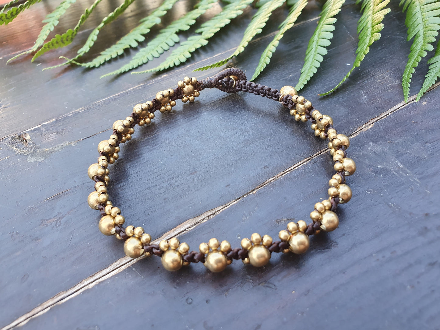 Gold brass bead daisy flower power anklet, brown macrame boho beach birthday gift, cord anniversary tribal queen wanderlust 70s vibe