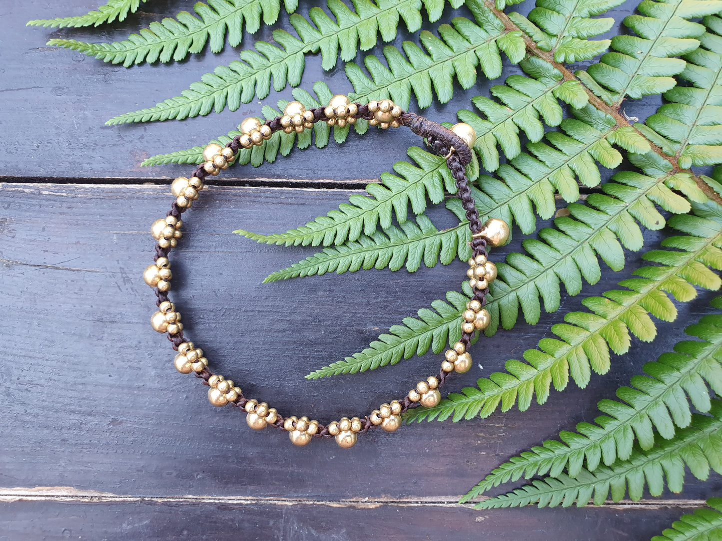 Gold brass bead daisy flower power anklet, brown macrame boho beach birthday gift, cord anniversary tribal queen wanderlust 70s vibe