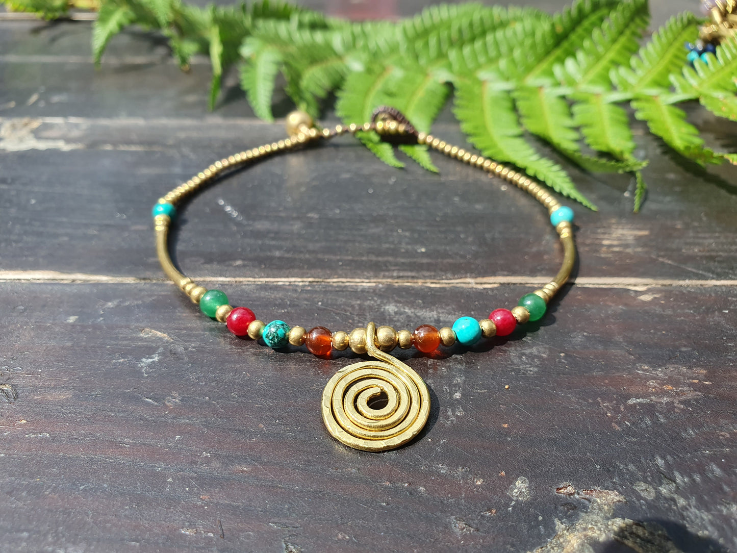 Spiral & crystal gold beaded anklet, brass bead bar gemstone Thai waterproof Egyptian Queen boho tribal beach gift women, birthstone