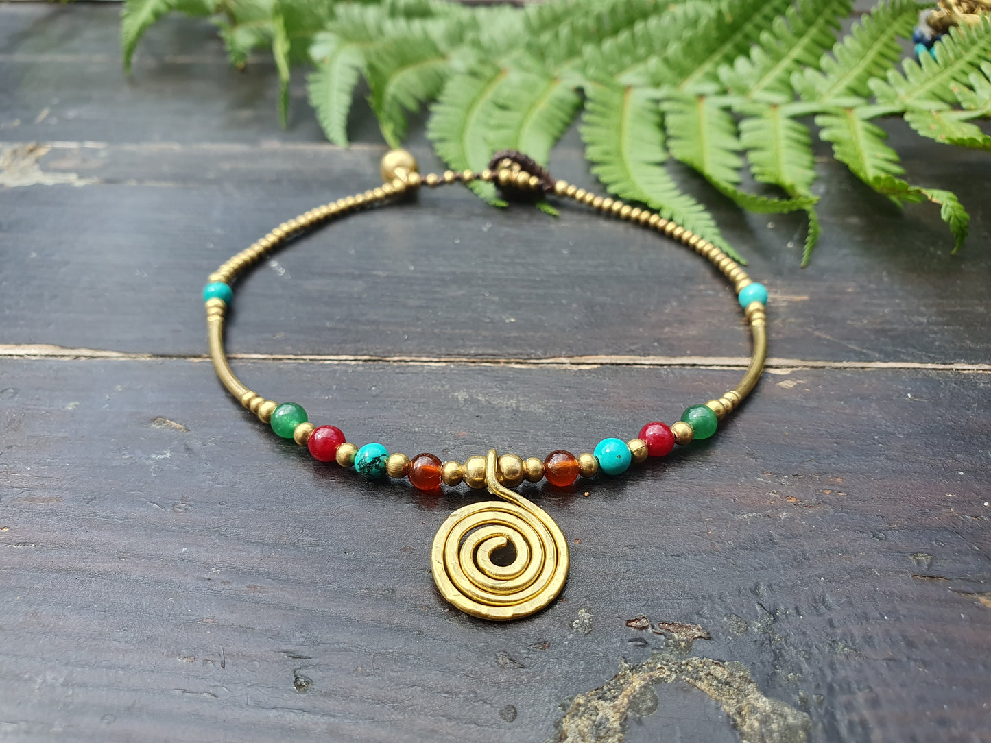 Spiral & crystal gold beaded anklet, brass bead bar gemstone Thai waterproof Egyptian Queen boho tribal beach gift women, birthstone