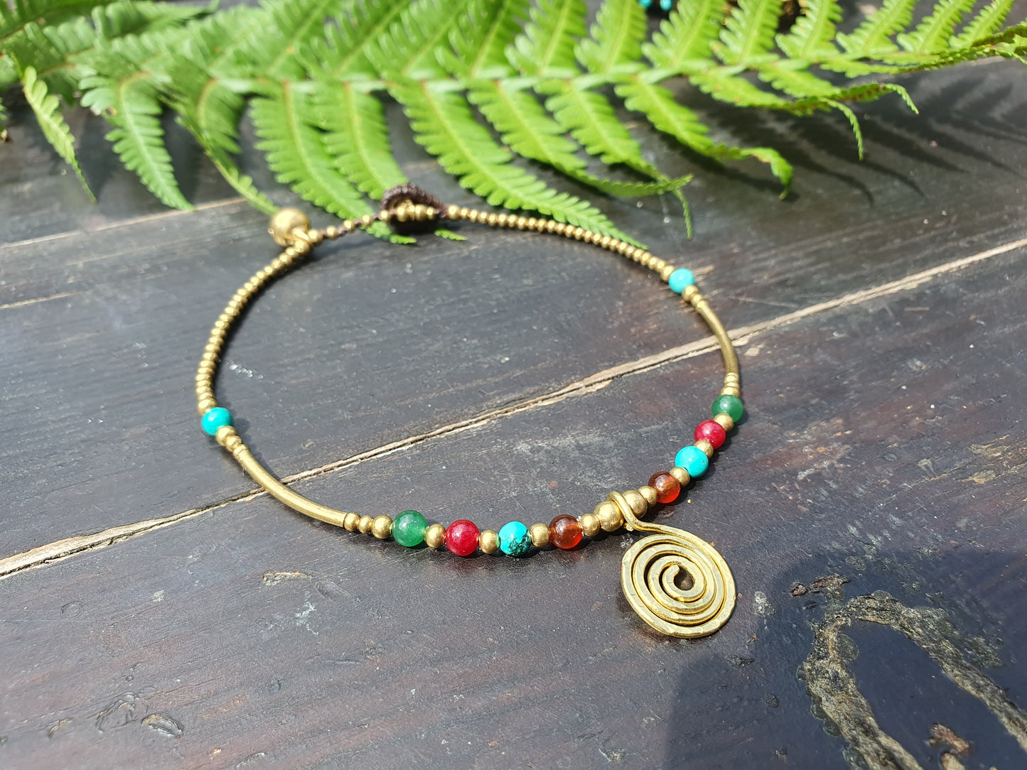 Spiral & crystal gold beaded anklet, brass bead bar gemstone Thai waterproof Egyptian Queen boho tribal beach gift women, birthstone