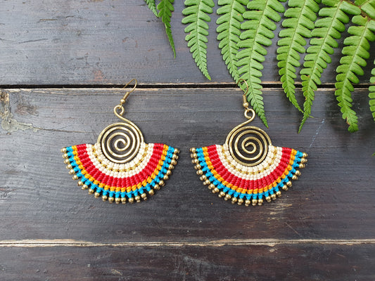 Macrame boho fan earrings, Gift for bohemian woman, Thai earrings, wire art colourful earrings, Red Blue Orange White Gold earrings, tribal boho zen