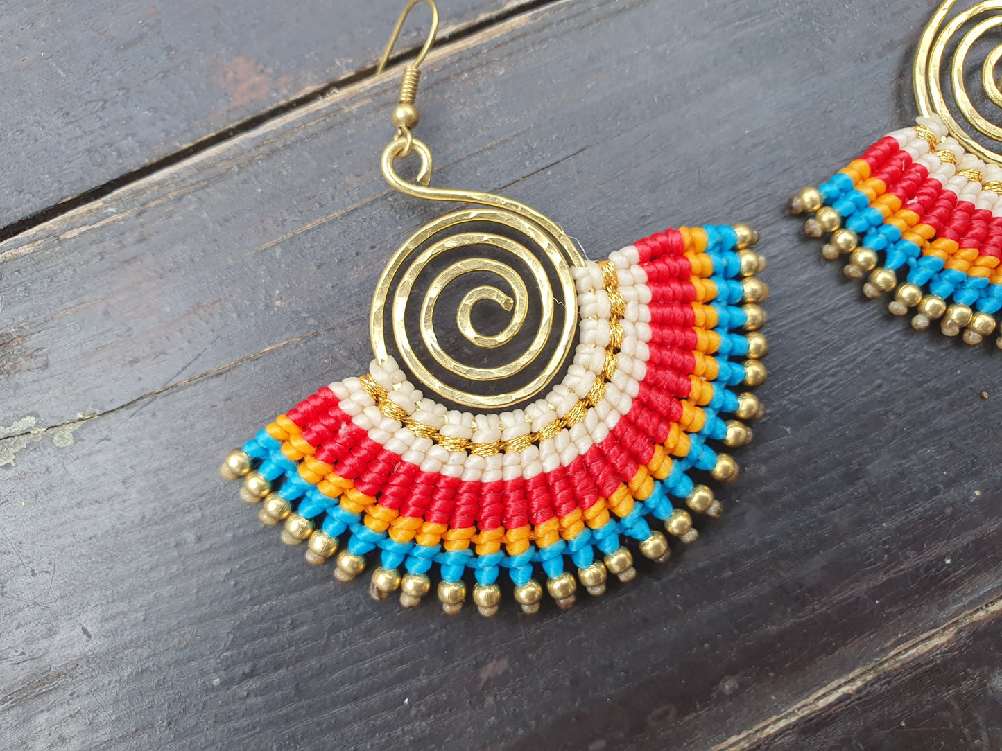 Macrame boho fan earrings, Gift for bohemian woman, Thai earrings, wire art colourful earrings, Red Blue Orange White Gold earrings, tribal boho zen