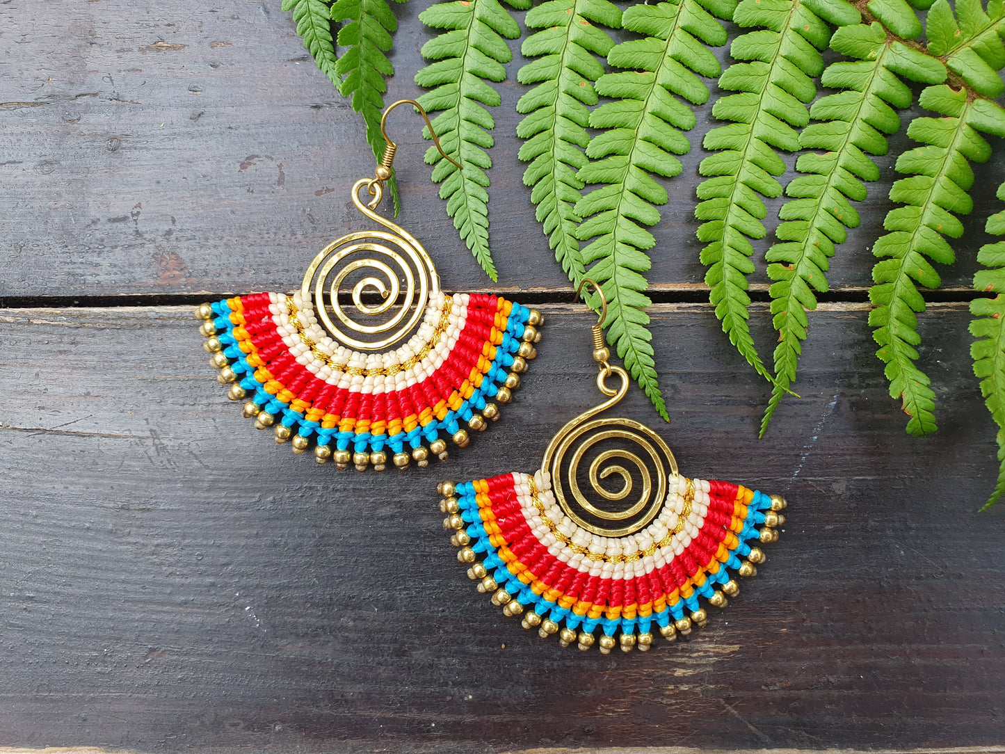 Macrame boho fan earrings, Gift for bohemian woman, Thai earrings, wire art colourful earrings, Red Blue Orange White Gold earrings, tribal boho zen