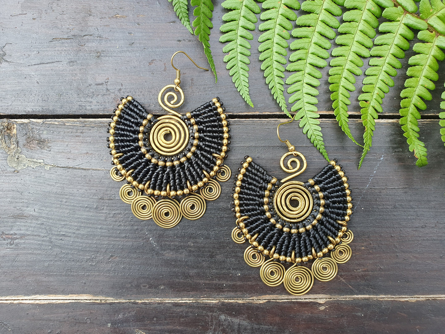 EGYPTIAN QUEEN Tribal bohemian spiral earrings, gold wire macramé black statement ethnic hippie earrings, Thai handmade large earrings for women queens