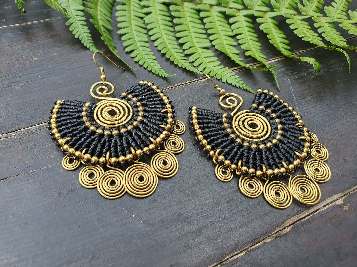 EGYPTIAN QUEEN Tribal bohemian spiral earrings, gold wire macramé black statement ethnic hippie earrings, Thai handmade large earrings for women queens