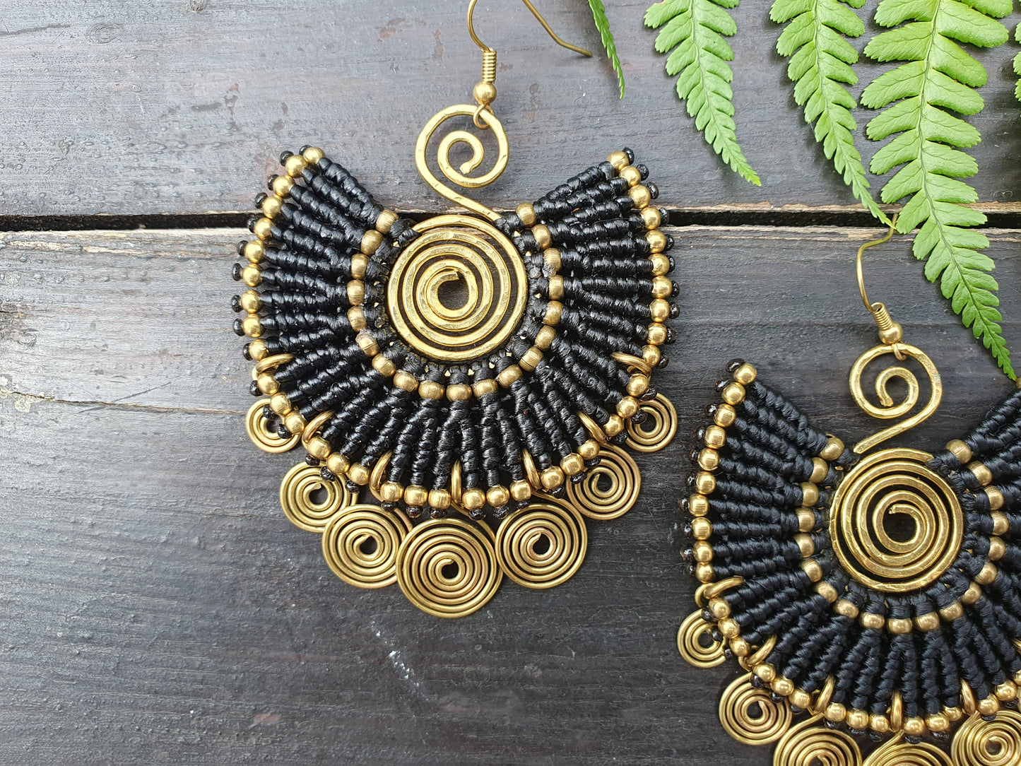 EGYPTIAN QUEEN Tribal bohemian spiral earrings, gold wire macramé black statement ethnic hippie earrings, Thai handmade large earrings for women queens