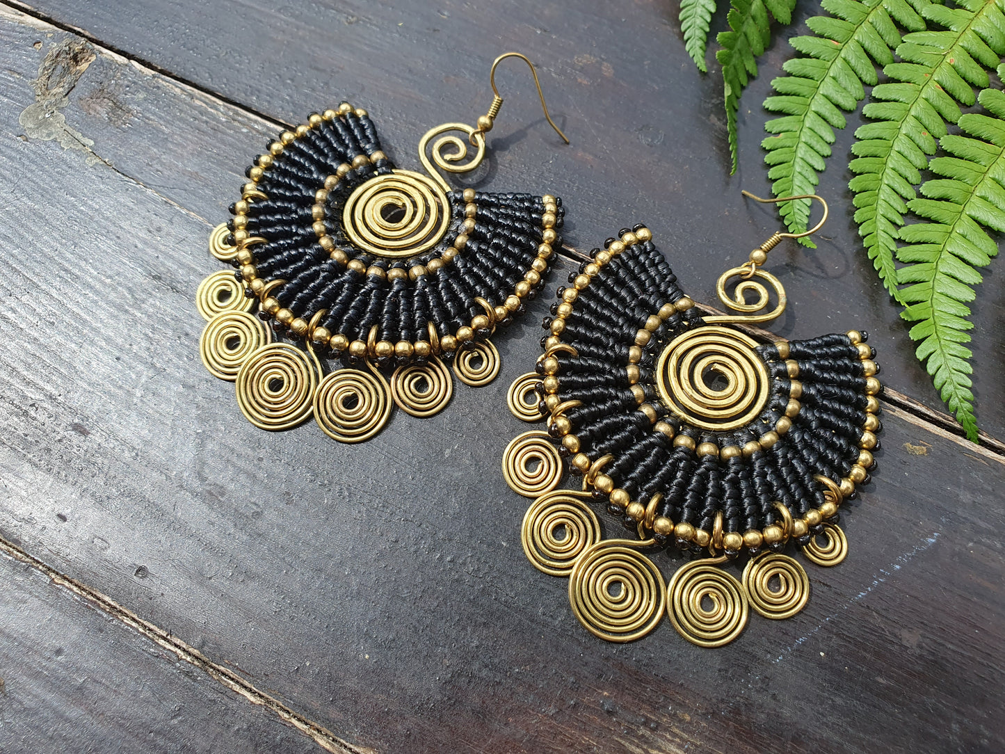 EGYPTIAN QUEEN Tribal bohemian spiral earrings, gold wire macramé black statement ethnic hippie earrings, Thai handmade large earrings for women queens