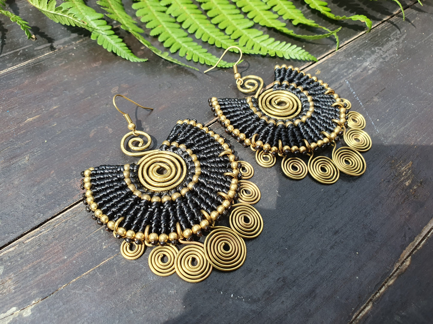 EGYPTIAN QUEEN Tribal bohemian spiral earrings, gold wire macramé black statement ethnic hippie earrings, Thai handmade large earrings for women queens