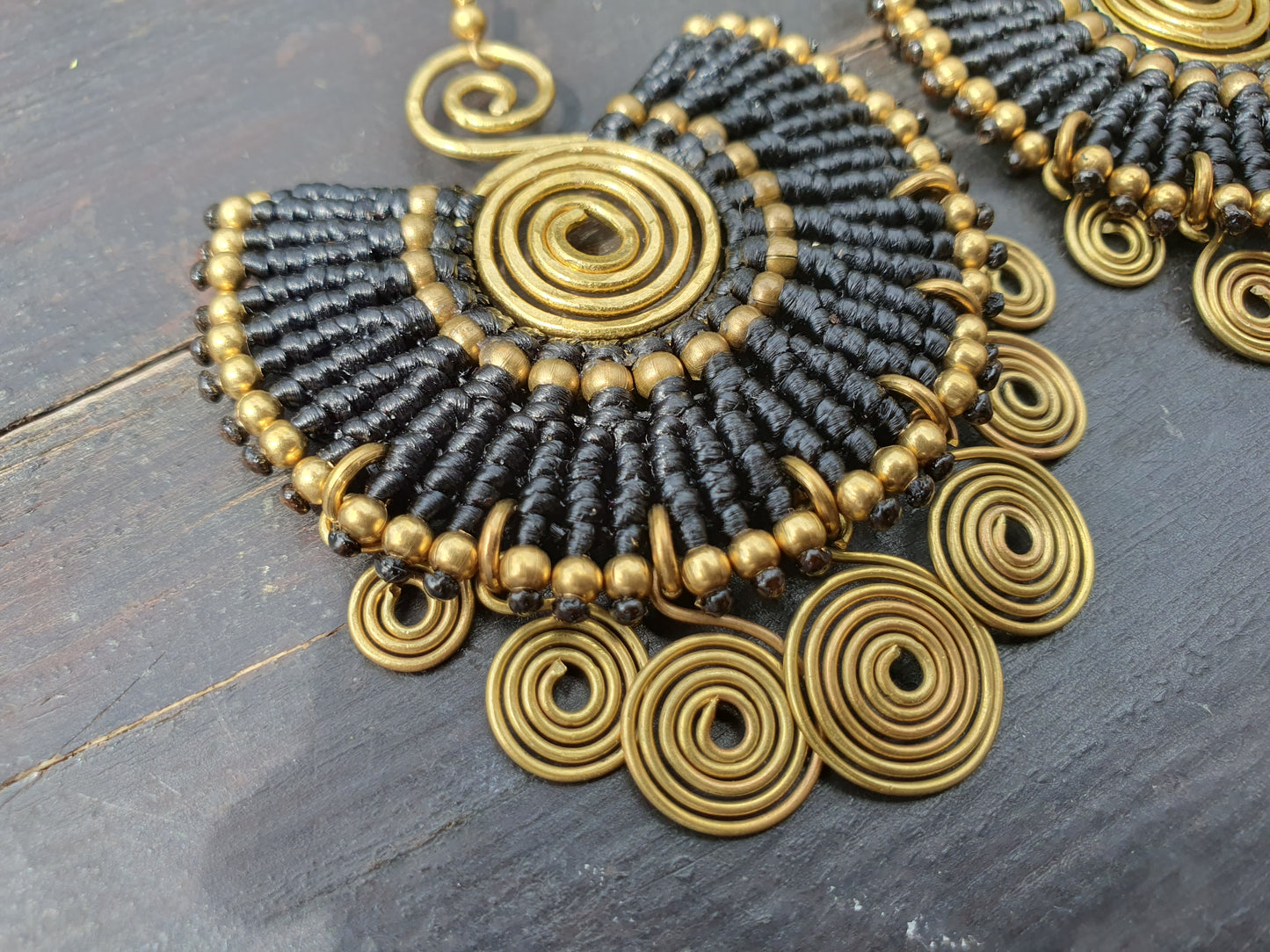 EGYPTIAN QUEEN Tribal bohemian spiral earrings, gold wire macramé black statement ethnic hippie earrings, Thai handmade large earrings for women queens