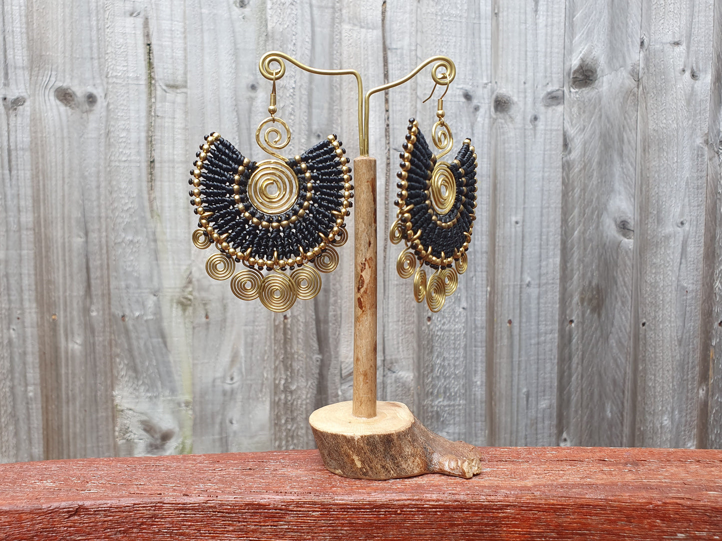 EGYPTIAN QUEEN Tribal bohemian spiral earrings, gold wire macramé black statement ethnic hippie earrings, Thai handmade large earrings for women queens