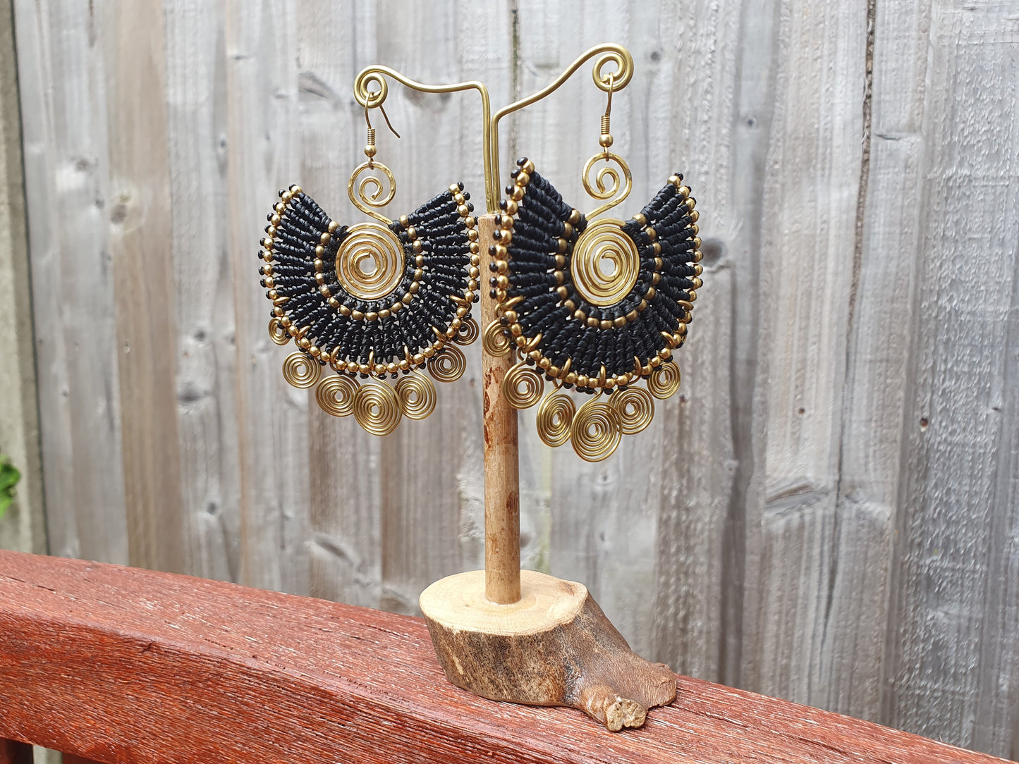 EGYPTIAN QUEEN Tribal bohemian spiral earrings, gold wire macramé black statement ethnic hippie earrings, Thai handmade large earrings for women queens