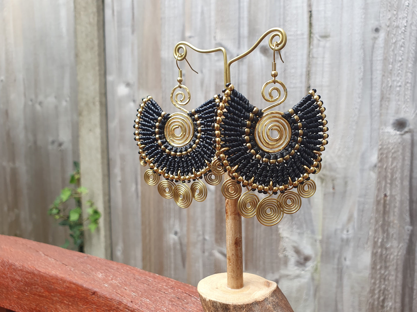 EGYPTIAN QUEEN Tribal bohemian spiral earrings, gold wire macramé black statement ethnic hippie earrings, Thai handmade large earrings for women queens