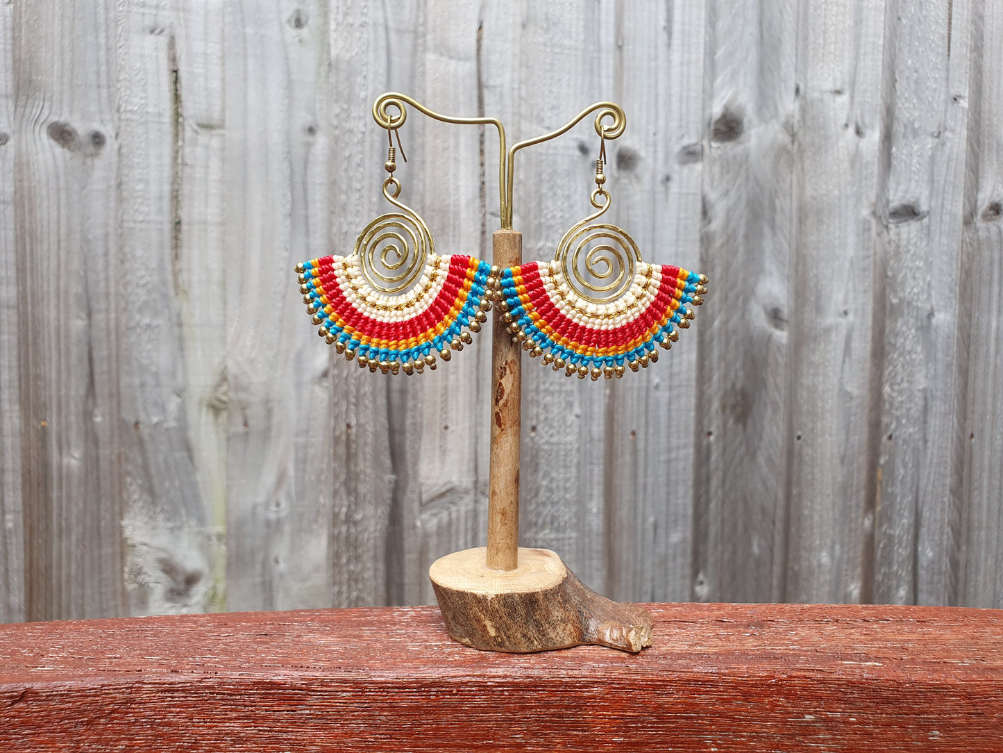 Macrame boho fan earrings, Gift for bohemian woman, Thai earrings, wire art colourful earrings, Red Blue Orange White Gold earrings, tribal boho zen