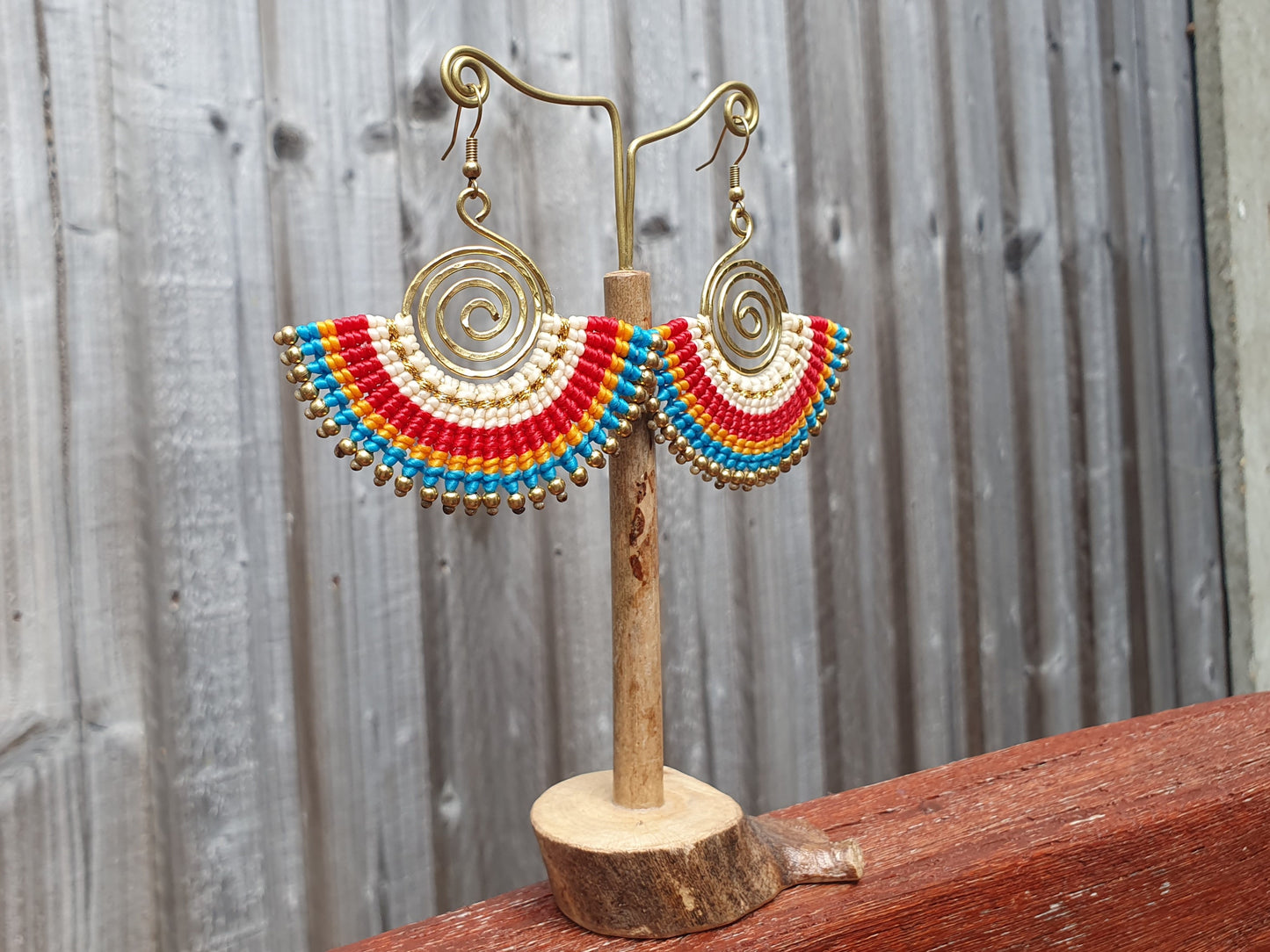 Macrame boho fan earrings, Gift for bohemian woman, Thai earrings, wire art colourful earrings, Red Blue Orange White Gold earrings, tribal boho zen