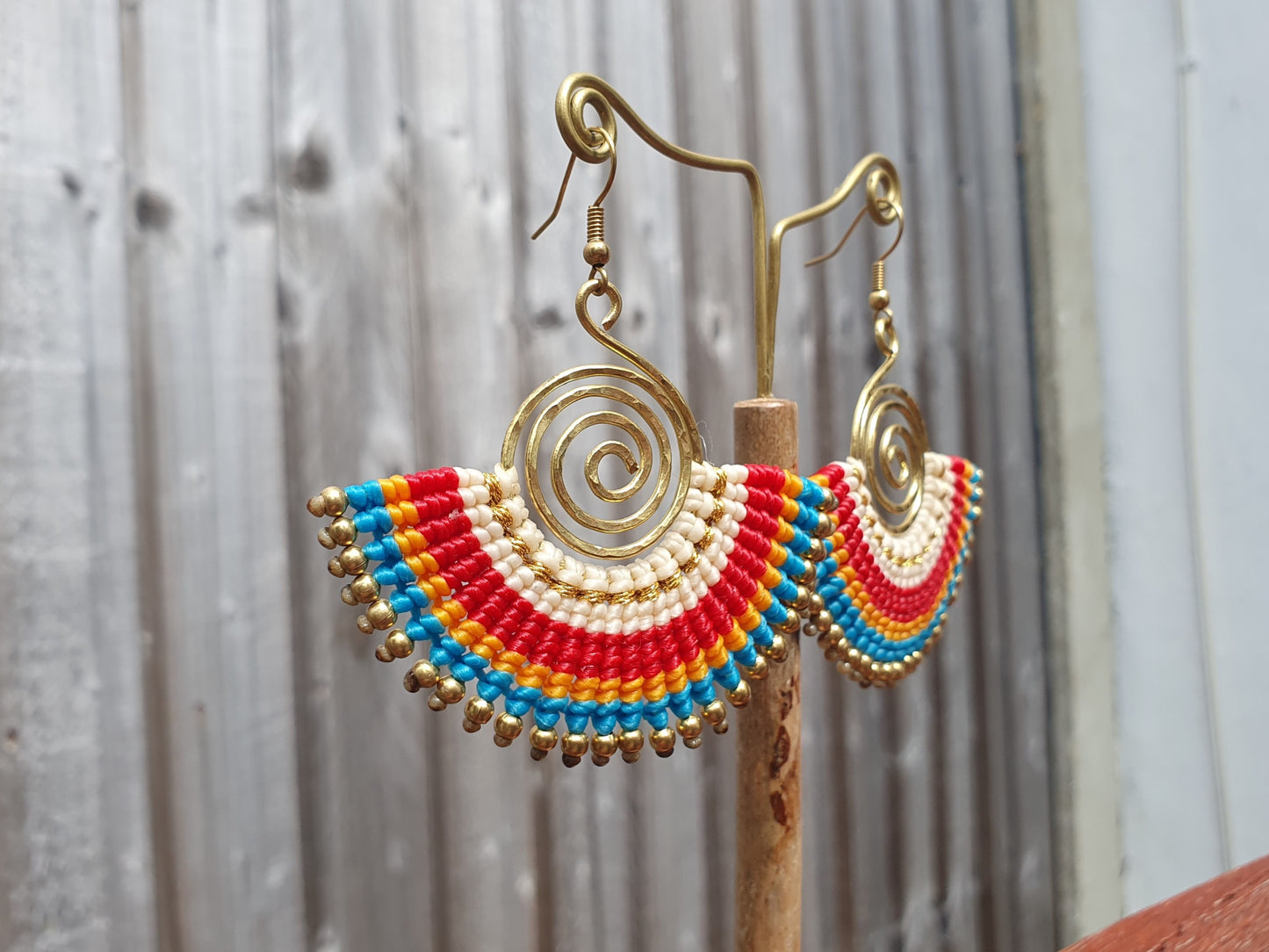 Macrame boho fan earrings, Gift for bohemian woman, Thai earrings, wire art colourful earrings, Red Blue Orange White Gold earrings, tribal boho zen