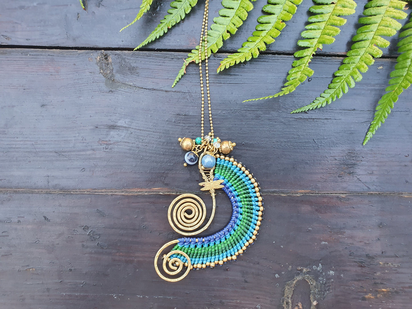 Beach wave necklace, blue agate necklace, blue macrame necklace, gold wire spiral necklace, turquoise stone, boho Thai necklace, sea love