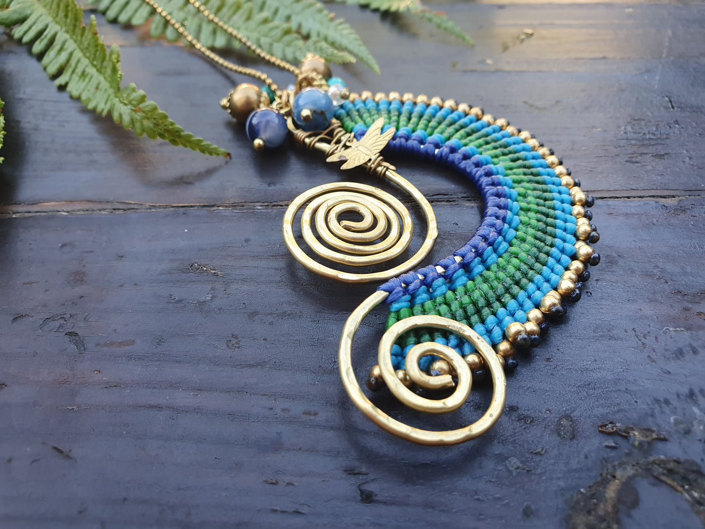 Beach wave necklace, blue agate necklace, blue macrame necklace, gold wire spiral necklace, turquoise stone, boho Thai necklace, sea love