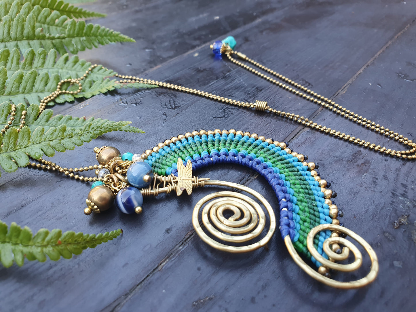 Beach wave necklace, blue agate necklace, blue macrame necklace, gold wire spiral necklace, turquoise stone, boho Thai necklace, sea love